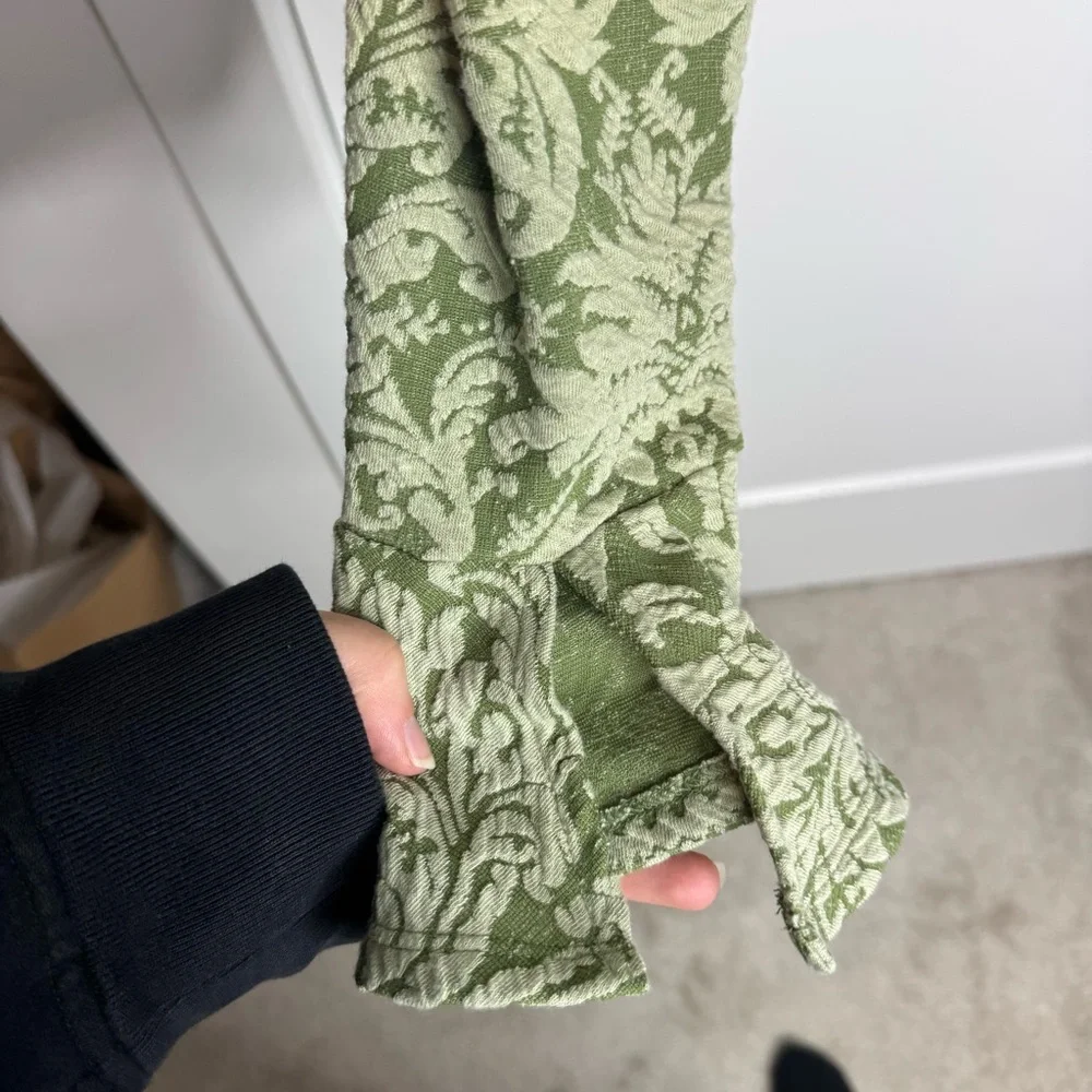 Anthropologie Puff Sleeve Turtleneck Jacquard Top Green Floral Ribbon Medium